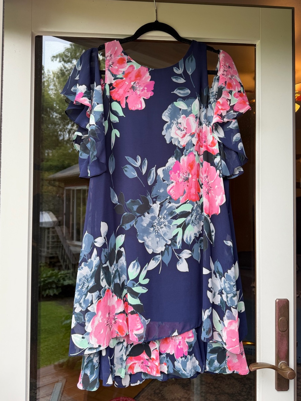 Eliza J Navy Midi Dress with Pink & Gray Floral Print